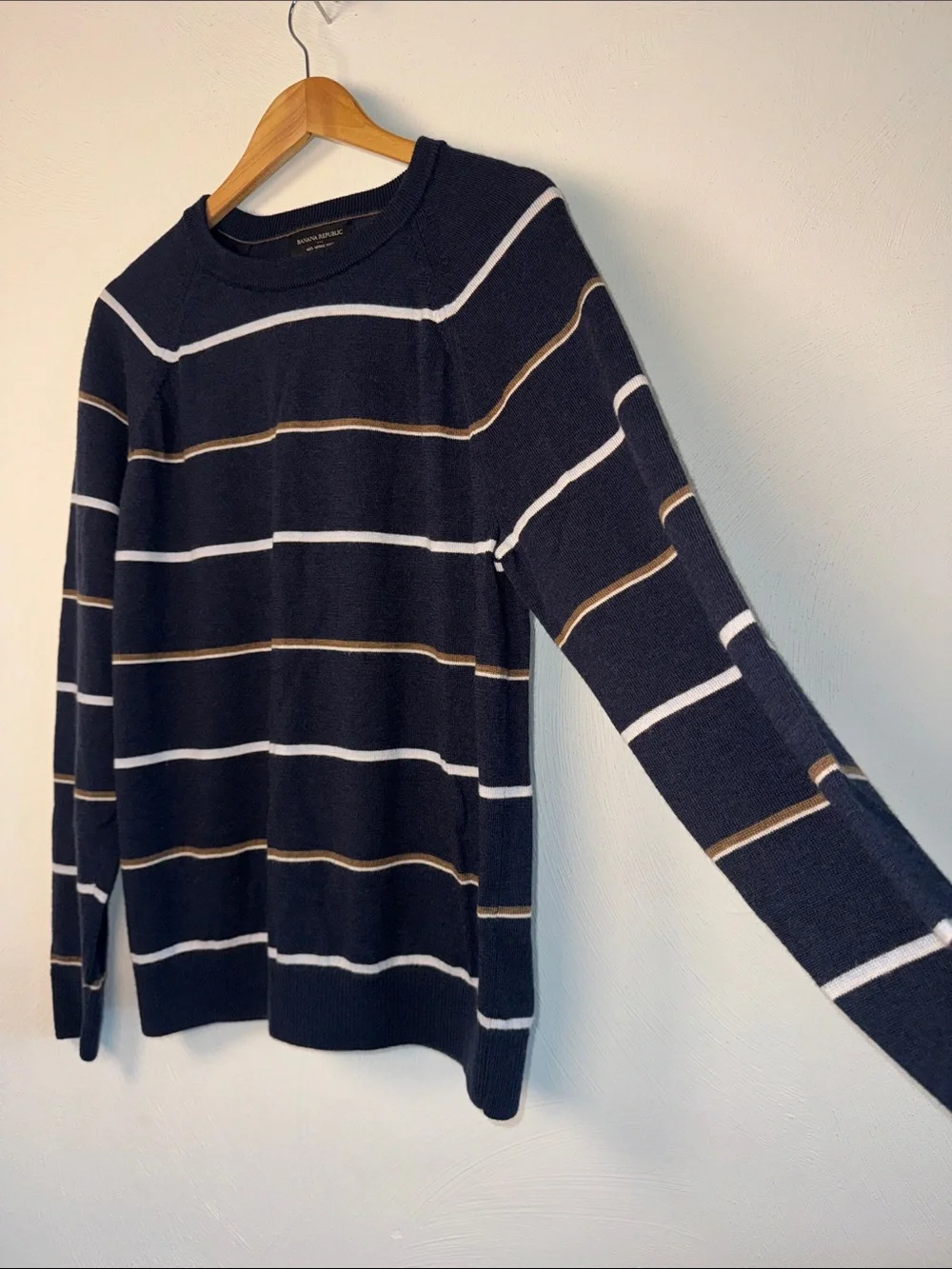 Banana Republic Navy Crewneck Sweater with White and Tan Stripes